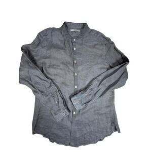 John Varvatos Shirt Mens Medium Gray Linen Band Collar Long Sleeve Button Up